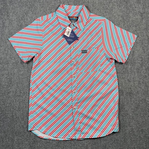 Burlebo Shirt Men S Performance Teal Red Striped Short Sleeve Button Up American - Picture 1 of 8